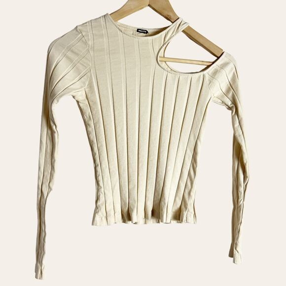 Monrow Flat Rib Asymmetric Ivory Long Sleeve Cut Out Top Size XS - Picture 5 of 9